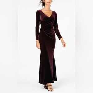 Vince Camuto Plum Color Long Sleeve Draped Velvet Gown Size 14
